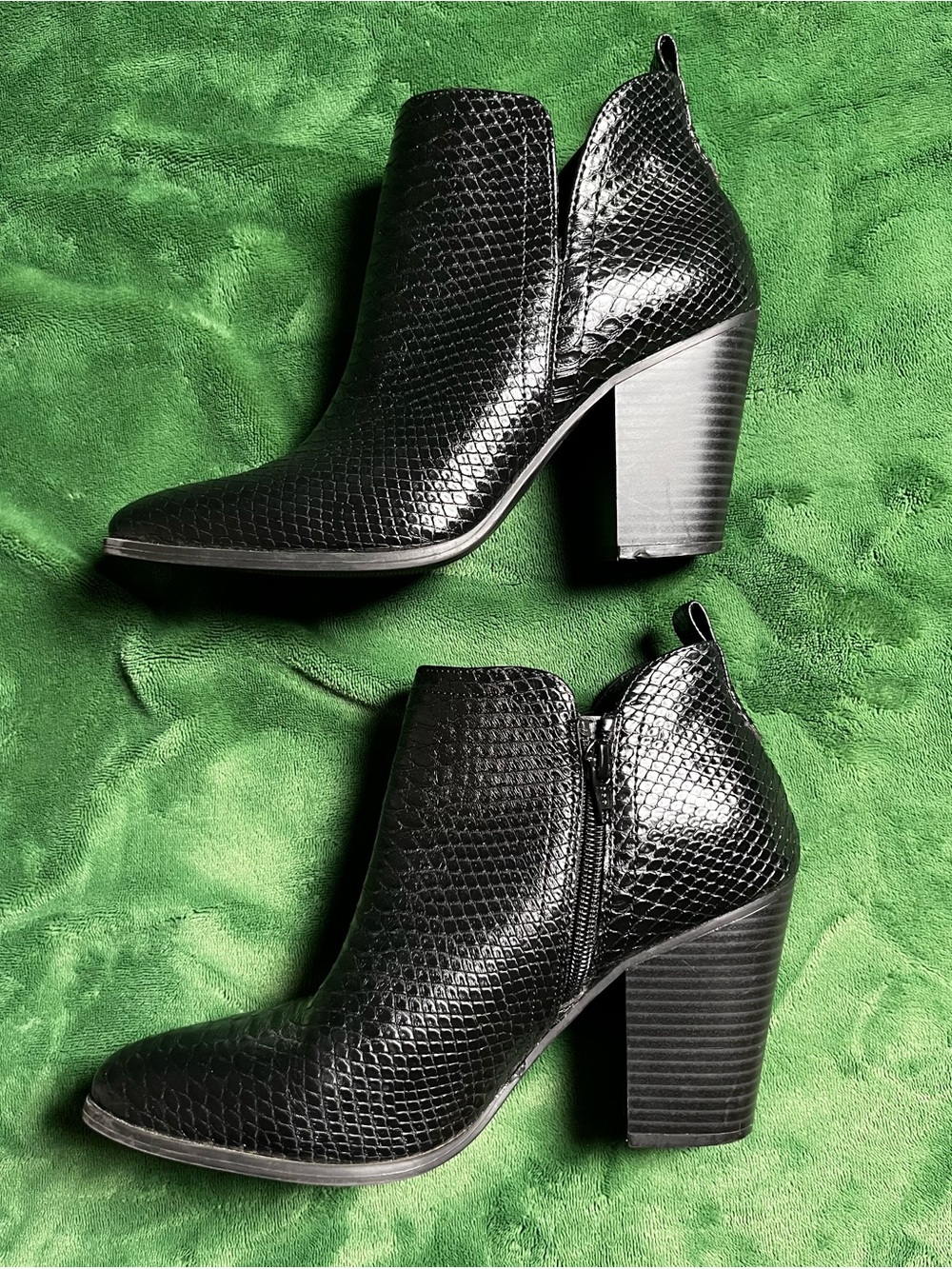 Black Snake-Embossed Block Heel Ankle Boots